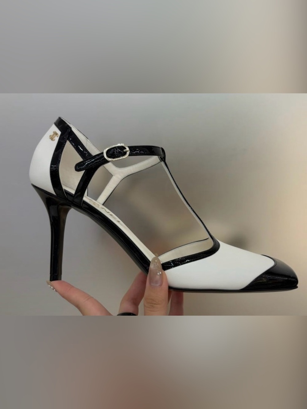 Authentic CHANEL Black and White T-Strap Pointed Toe Heel in box